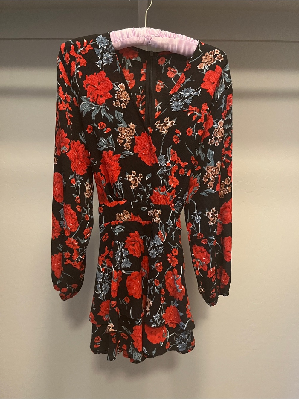 Floral Tie-Waist Mini Dress in Black with Red Bloom
